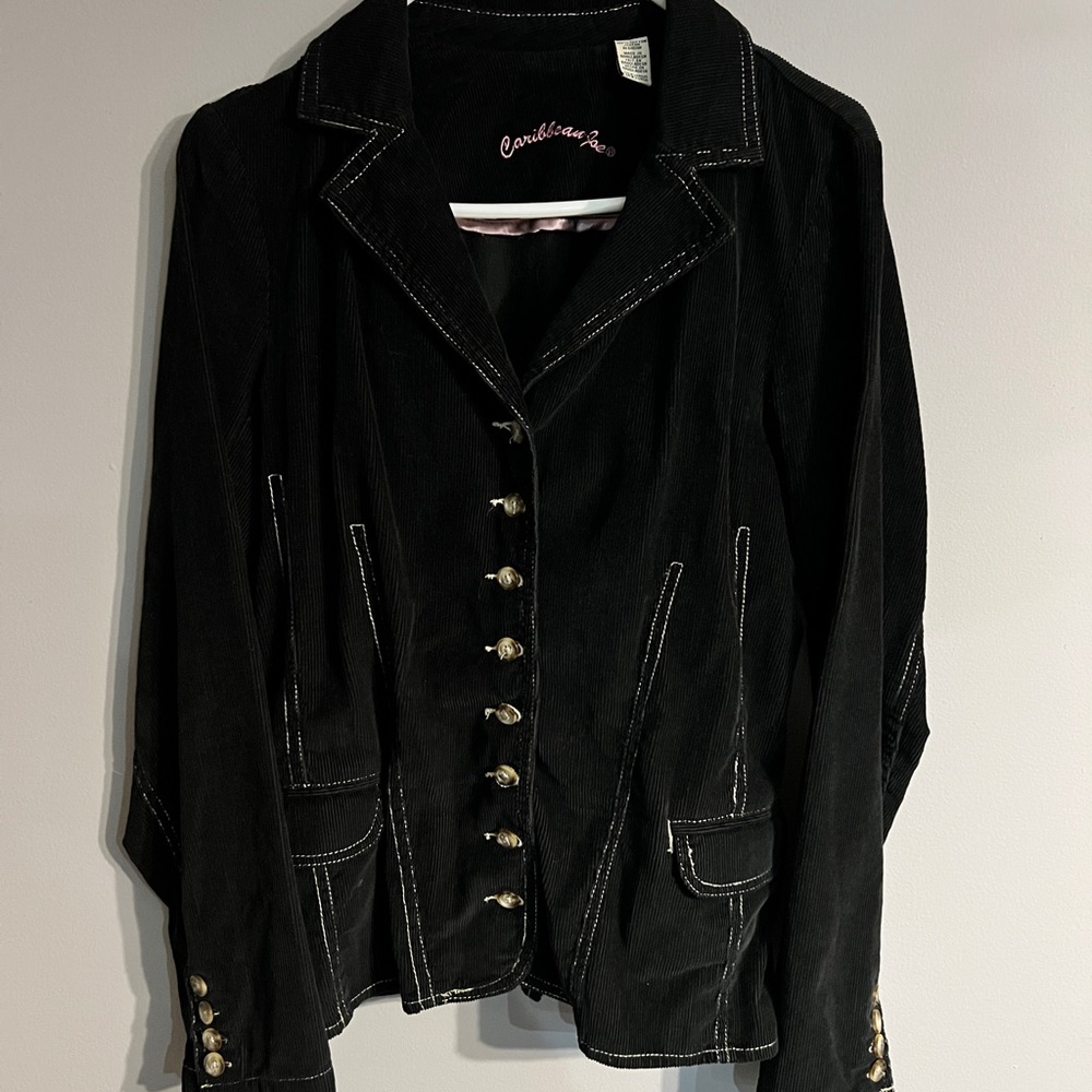 Vintage Caribbean Joe Jacket Womens Size L Black Corduroy Collared Button Front